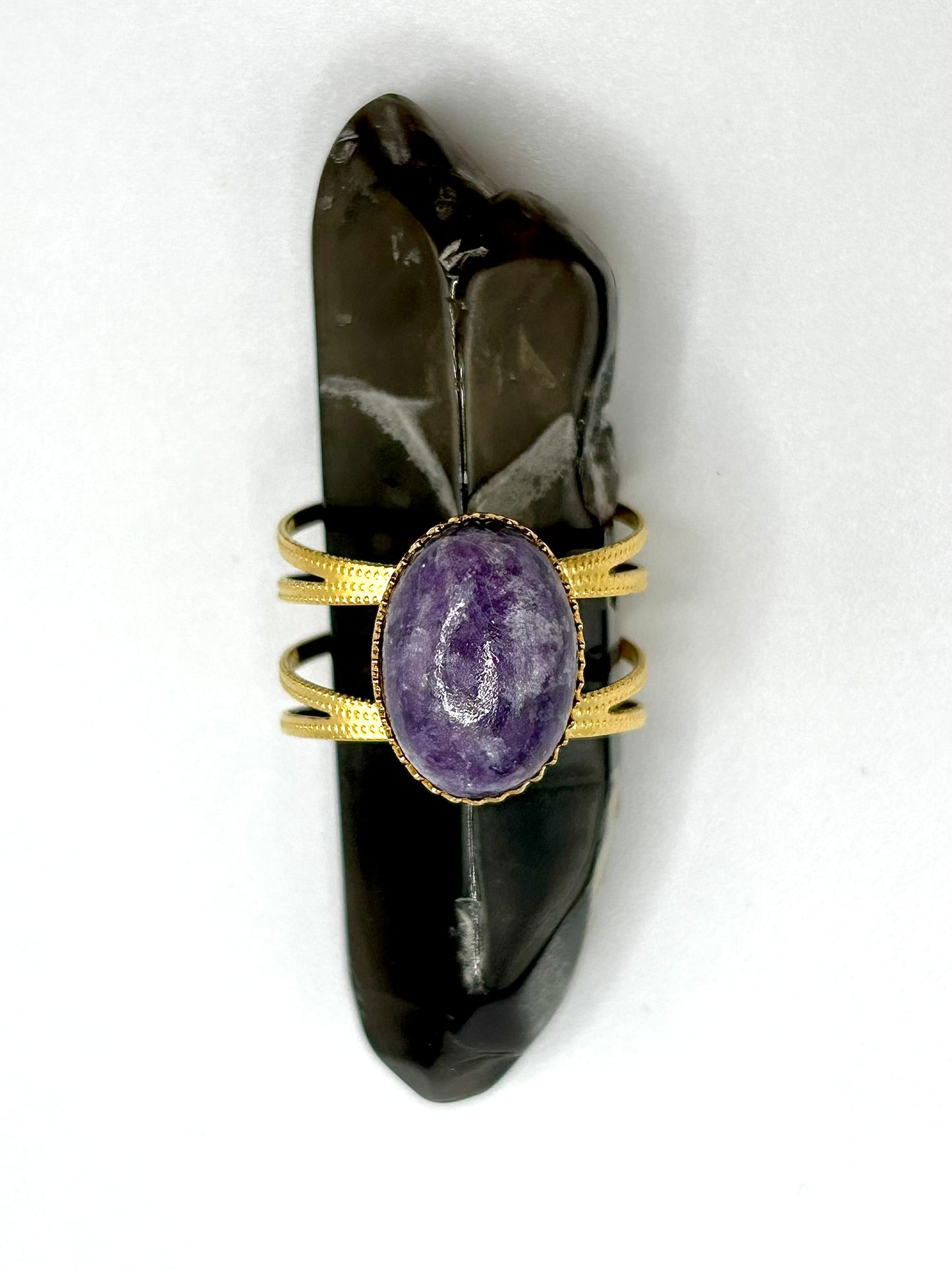 Bague Lépidolite Femme – Pierre Naturelle violette | Bijou Réglable en Acier Inoxydable Doré