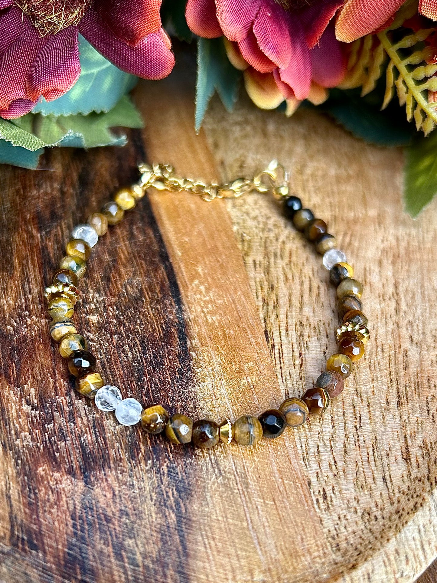 Bracelet Énergie & Clarté – Œil de Tigre Facetté 4 mm & Cristal de Roche