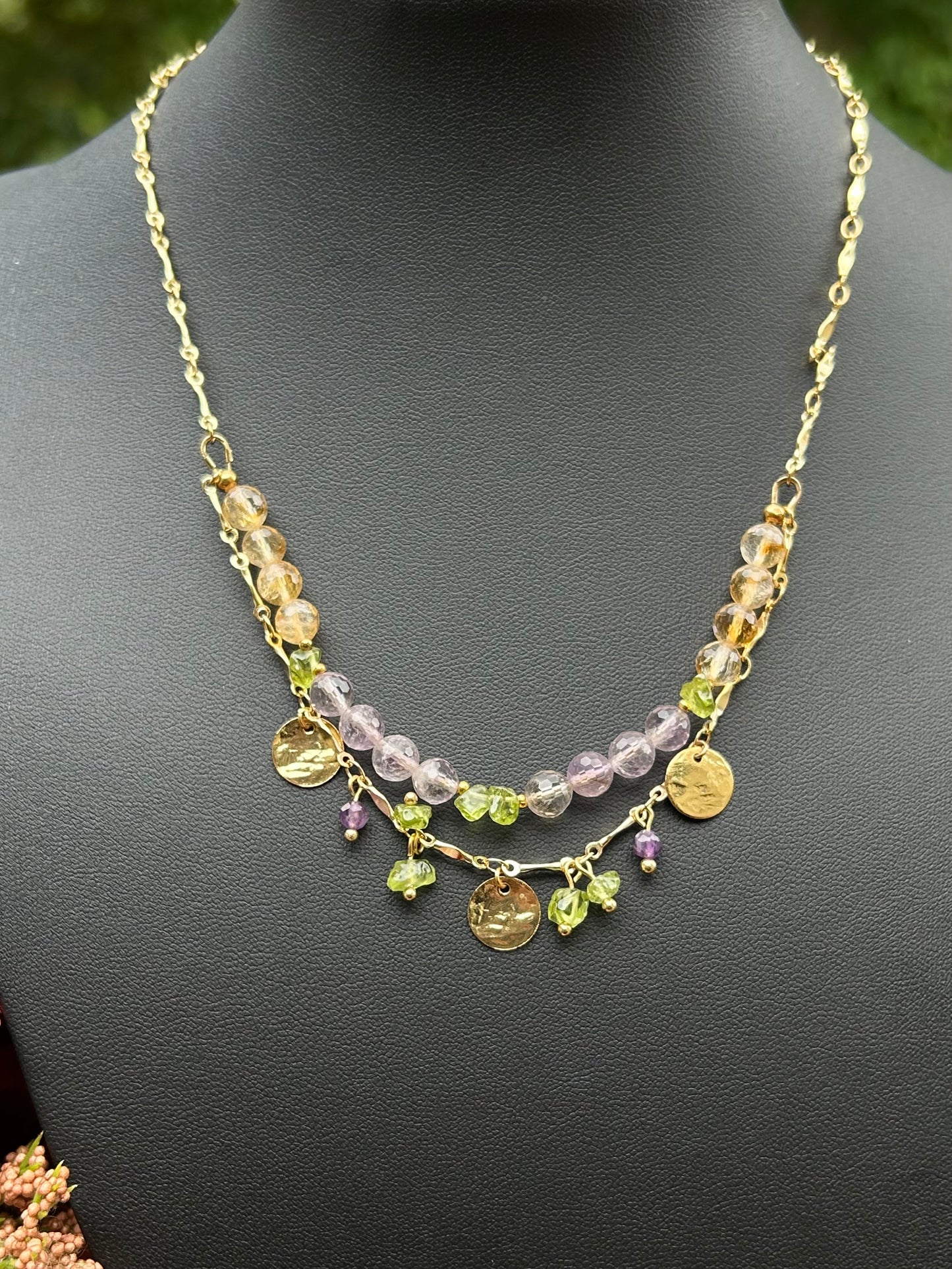 Collier Harmonie & Vitalité – Amétrine & Péridot, Laiton Or 24k