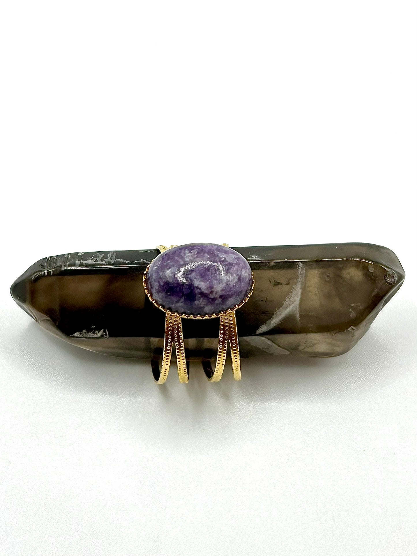 Bague Lépidolite Femme – Pierre Naturelle violette | Bijou Réglable en Acier Inoxydable Doré