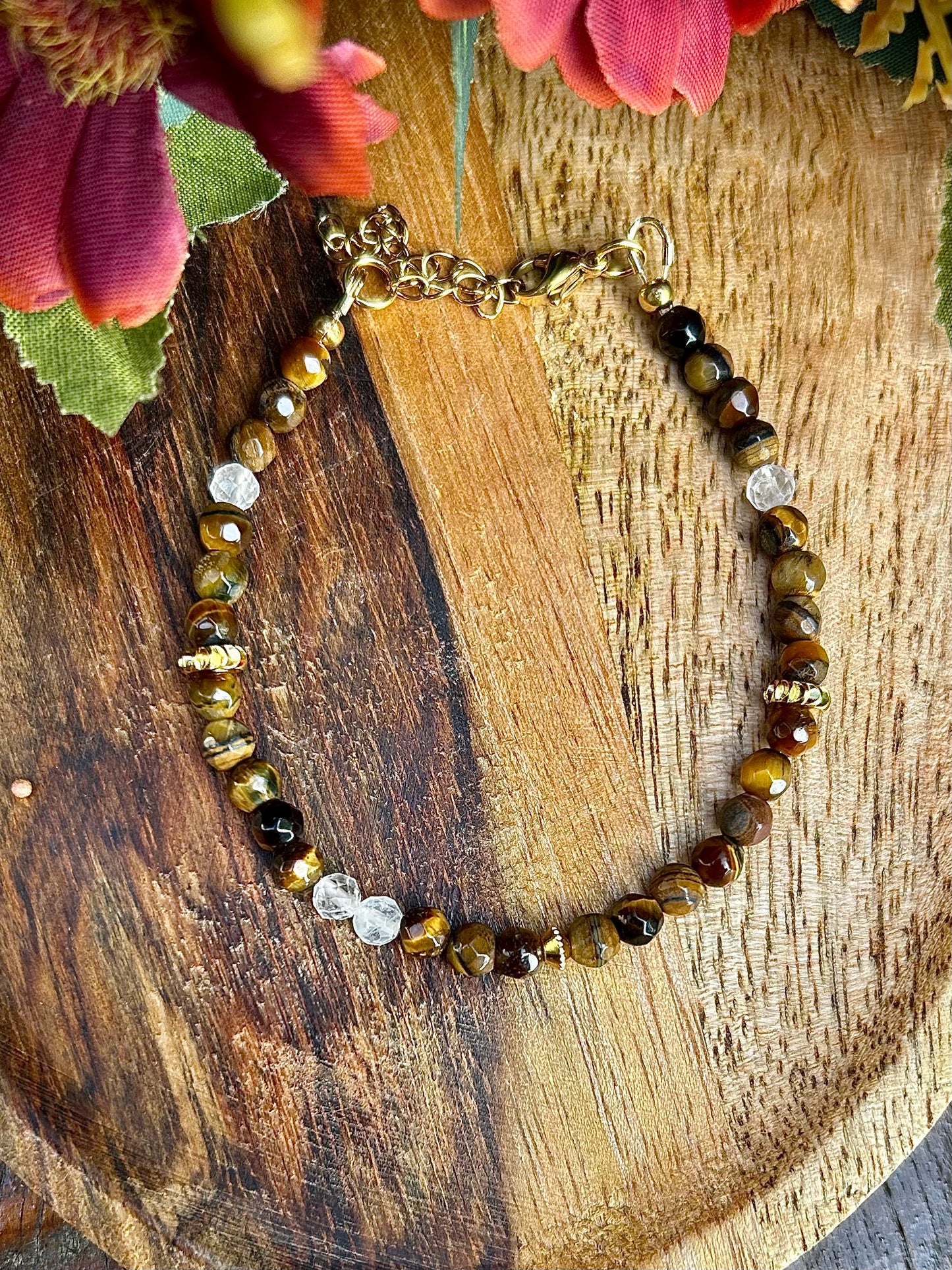 Bracelet Énergie & Clarté – Œil de Tigre Facetté 4 mm & Cristal de Roche