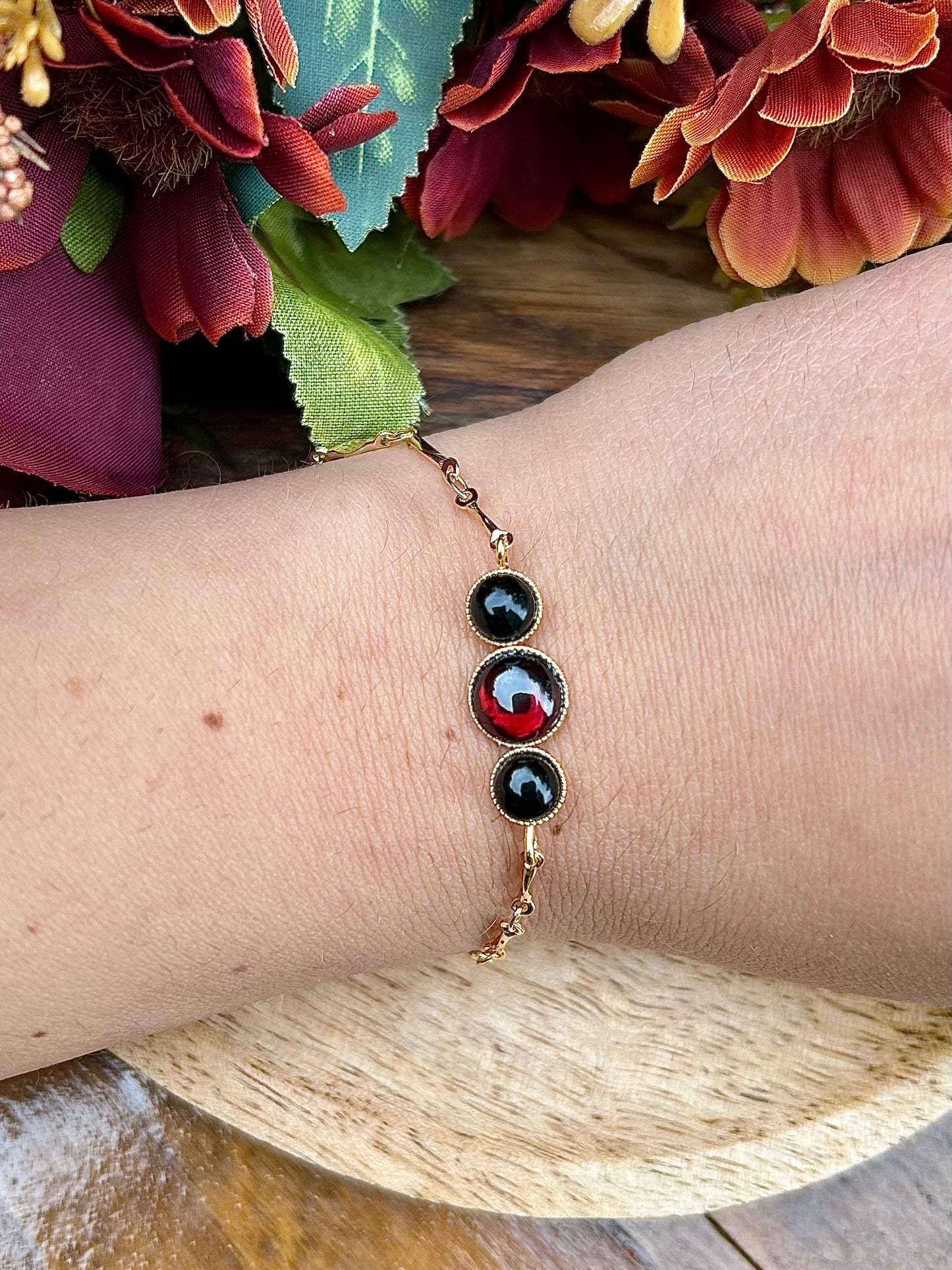 Bracelet Grenat & Obsidienne Noire – Laiton doré 24k
