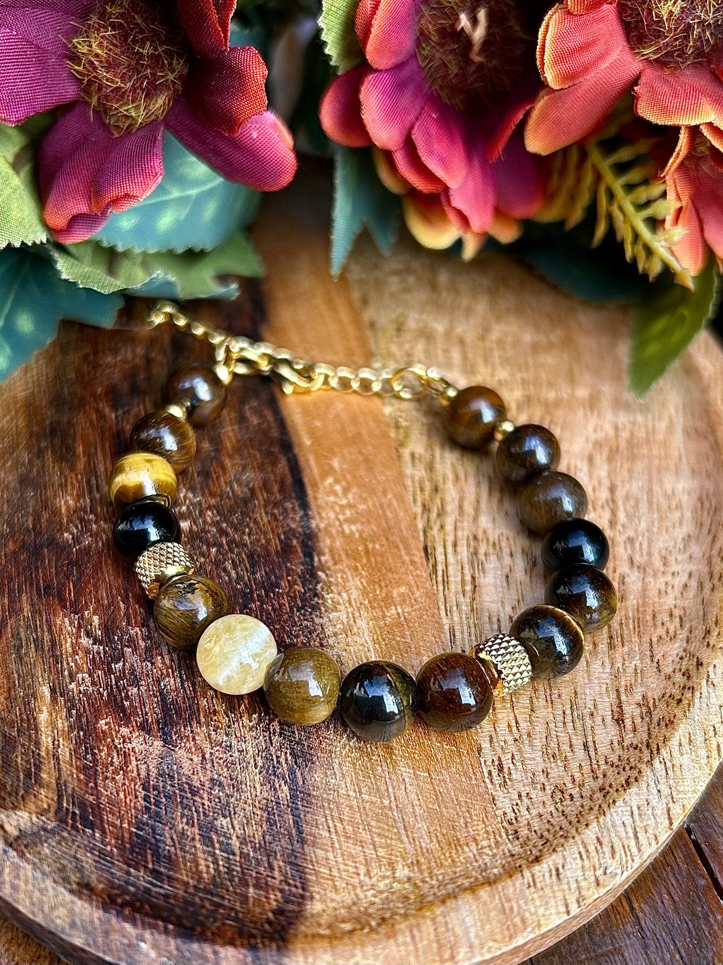 Bracelet Protection & Vitalité – Œil de Tigre, Calcite Orange & Obsidienne Noire 8 mm
