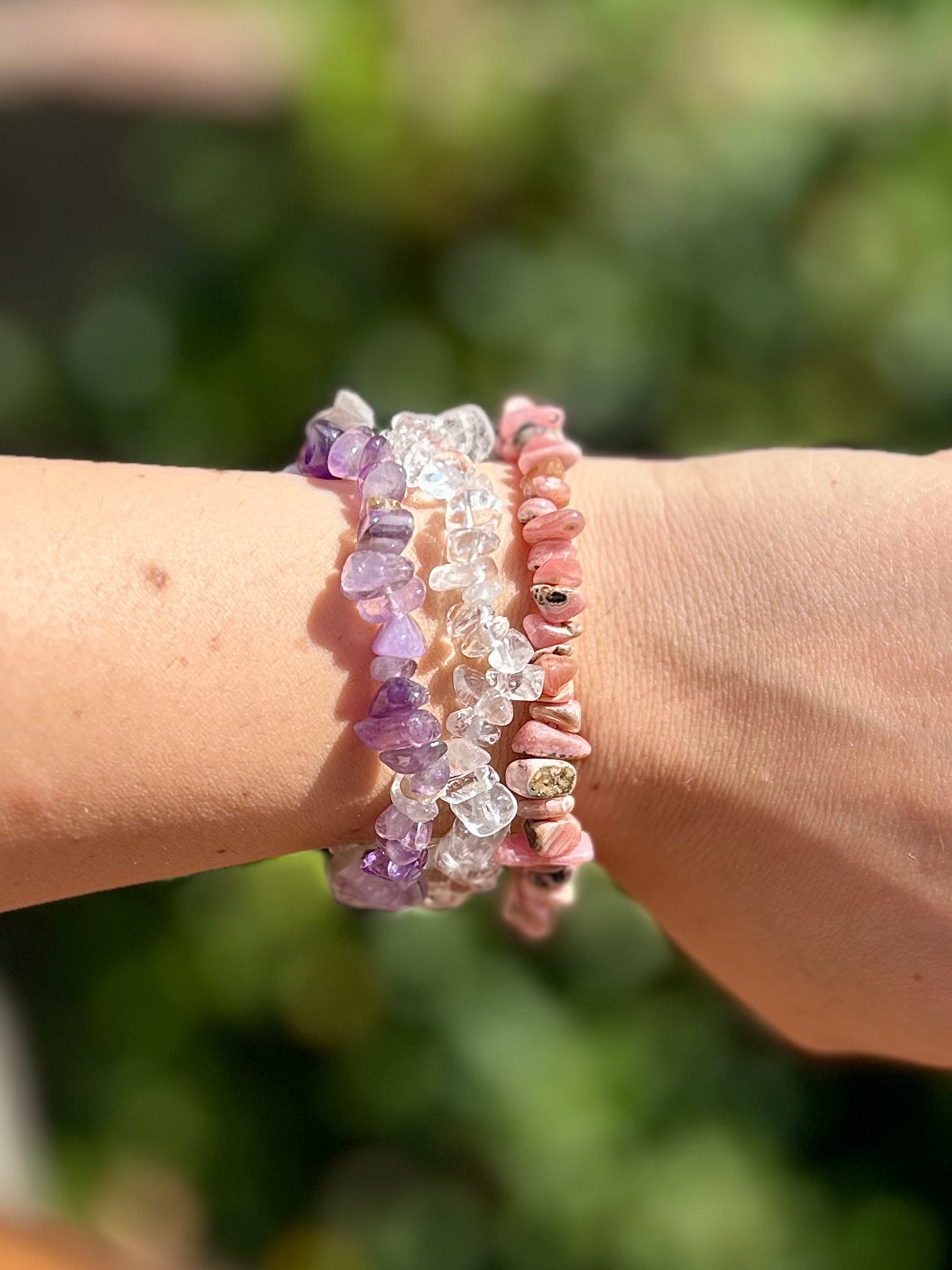 ✨ Trio Guérison & Lumière – Bracelets Baroques en Améthyste, Cristal de Roche & Rhodochrosite