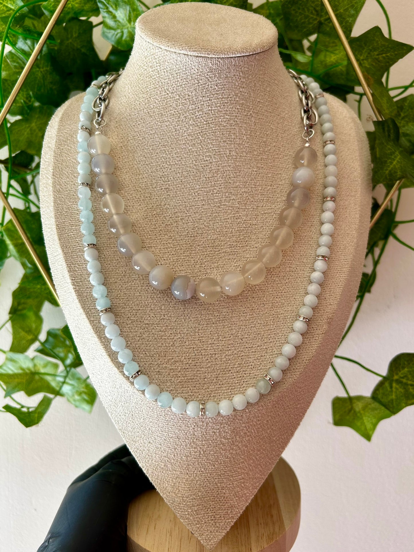 ✨ Collier Double Rang Calcédoine Bleue & Aigue-Marine – Acier Inoxydable Argenté ✨