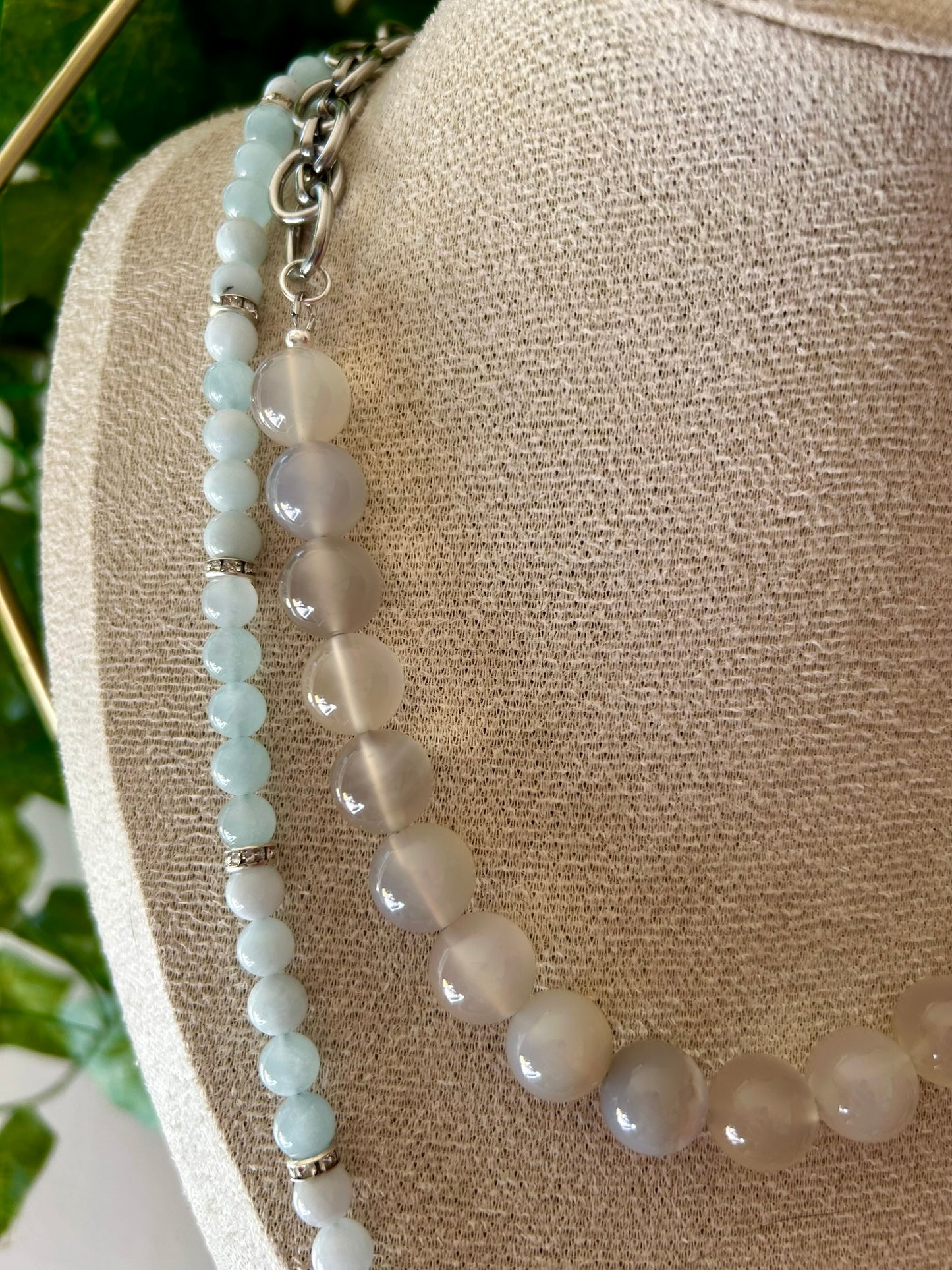 ✨ Collier Double Rang Calcédoine Bleue & Aigue-Marine – Acier Inoxydable Argenté ✨