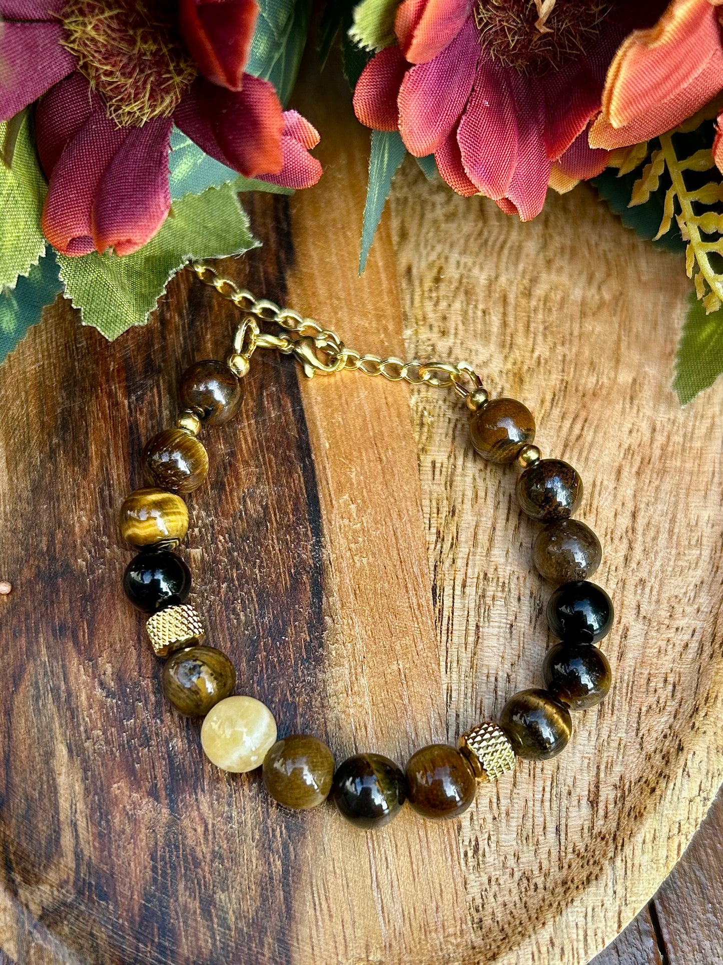 Bracelet Protection & Vitalité – Œil de Tigre, Calcite Orange & Obsidienne Noire 8 mm