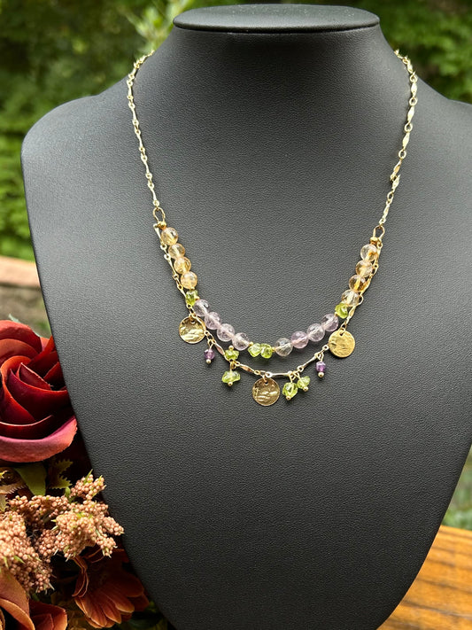 Collier Harmonie & Vitalité – Amétrine & Péridot, Laiton Or 24k