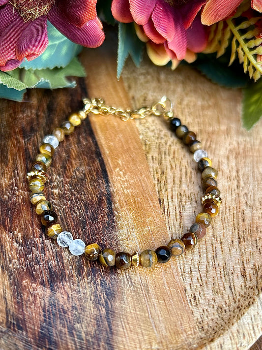Bracelet Énergie & Clarté – Œil de Tigre Facetté 4 mm & Cristal de Roche