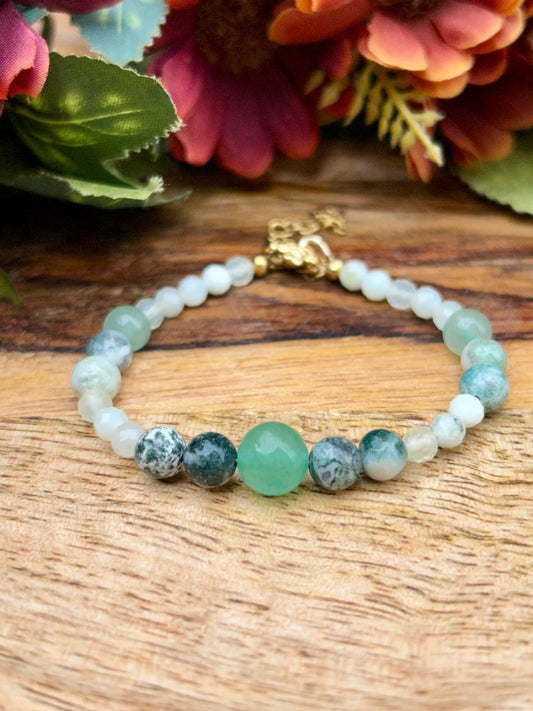 🌿 Bracelet Agate Arbre, Aventurine Verte & Jade de Chine