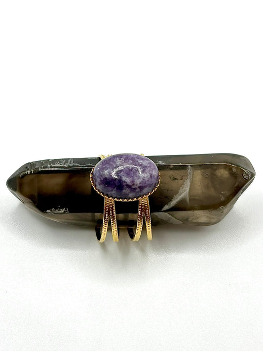 Bague Lépidolite Femme – Pierre Naturelle violette | Bijou Réglable en Acier Inoxydable Doré