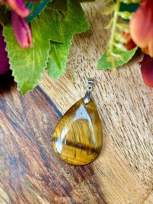 Pendentif Goutte de Protection – Œil de Tigre & Laiton Argenté
