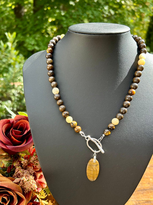 Collier de Protection et de Force – Œil de Tigre, Bronzite & Calcite Orange