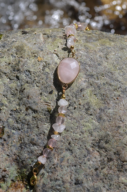 Bracelet Quartz Rose & Doré – Pierre Facettée et Éclats Naturels