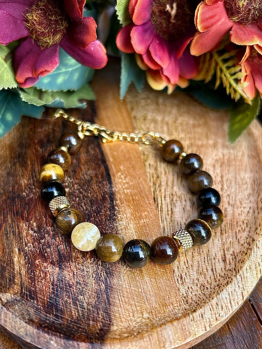 Bracelet Protection & Vitalité – Œil de Tigre, Calcite Orange & Obsidienne Noire 8 mm