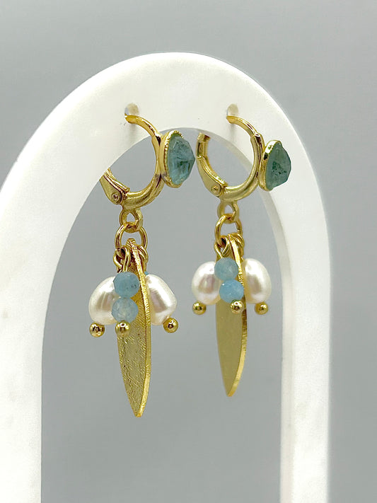 Boucles d’oreilles Aigue-Marine & Perles – Pierres Naturelles | Bijou en Laiton Doré à l’Or 24k