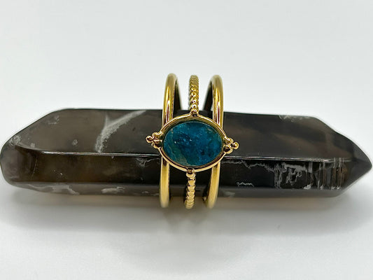 Bague Apatite Bleue Femme – Pierre Naturelle | Bijou Réglable en Acier Inoxydable Doré