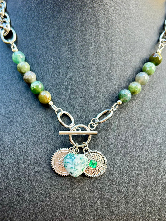 Collier Racines Sacrées – Agate Indienne & Cœur Agate Arbre | Harmonie, ancrage & ouverture du cœur