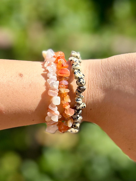 ✨ Trio Harmonie & Joie – Bracelets Baroques en Pierre de Lune, Cornaline & Jaspe Dalmatien