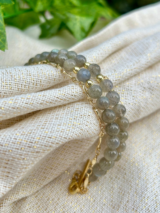 Bracelet Labradorite Facettée & Chaîne Dorée – Laiton